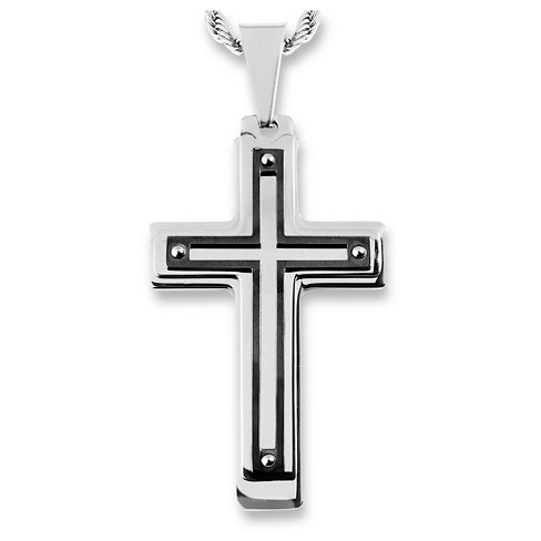 Men's Stainless Steel Wood Pendant Necklace Silver Gold Tone Cross - with 24 inch Chain