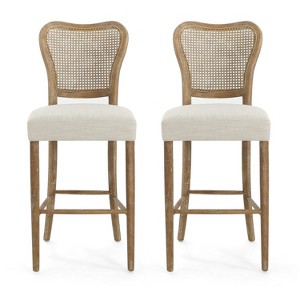 Vynxaria Bar Stool Set of 2 Vintage Style Fabric Seat Rubberwood Frame Cane Backrest in Brown - 1 of 4
