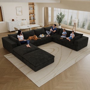 157.6" Blue Corduroy Fabric DIY Combination U Shape Cloud Sofa Deep Seat Couches with 2 Ottomans Double-layer design Removable Cushion No Assembly - 1 of 4