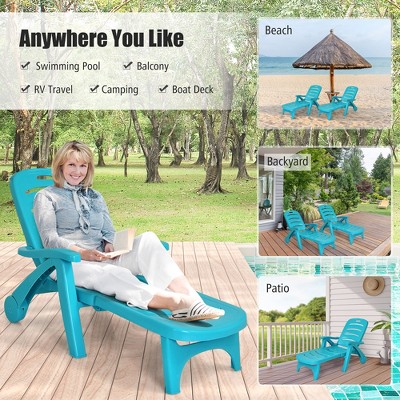 Turquoise Plastic Folding Chaise Lounge Chair Set with Adjustable Backrest