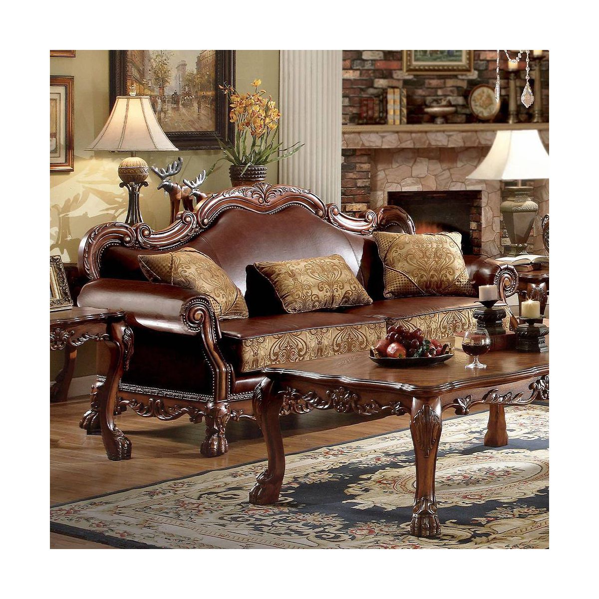 Acme Furniture 89" Dresden Sofa Brown Synthetic Leather/Chenille/Cherry Oak - thumbnail 5