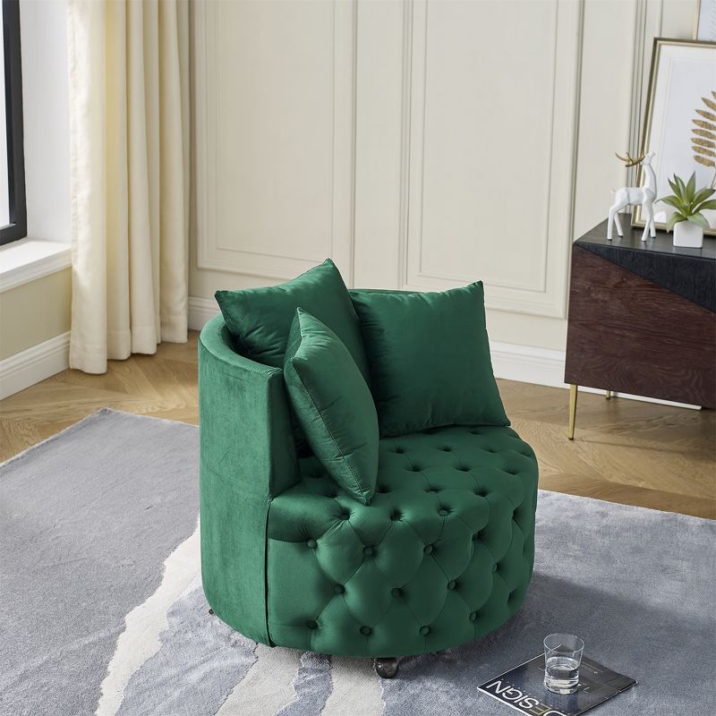 Button Tufted Living Room Upholstered Swivel Chair with Movable Wheels and 3 Pillows - ModernLuxe, 3 of 12