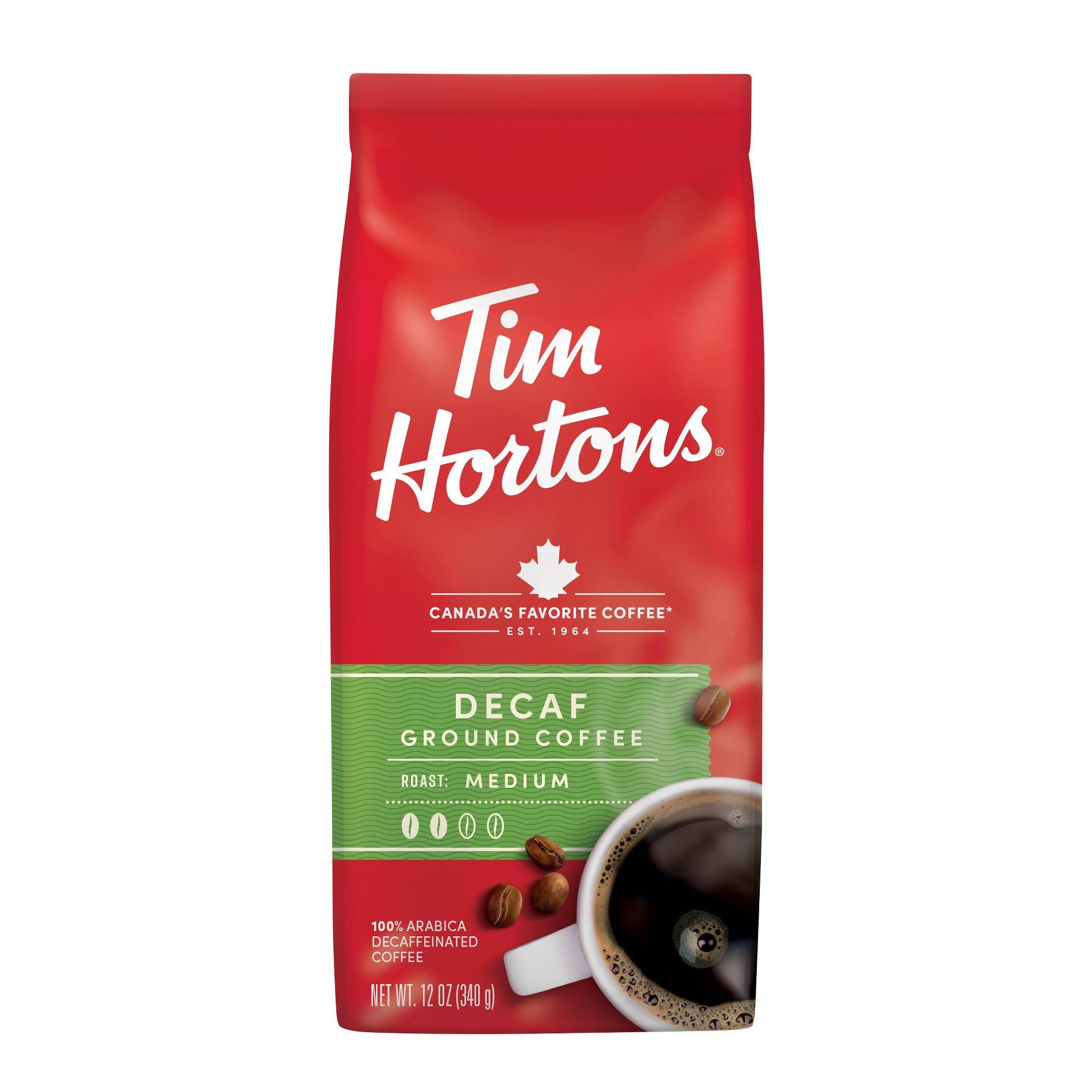 Tim Hortons Medium Roast Ground Coffee - Decaf - 12oz: Arabica Beans, Unflavored