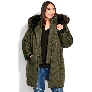 Avenue Women's Plus Size Chevron Faux Fur Hood Long Puffer Coat - 1 of 4