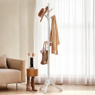 Solid Wood Coat Rack and Stand, Free Standing Hall Coat Tree with 10 Hooks for Hats, Bags, Purses, for Entryway, Hallway, Rubberwood