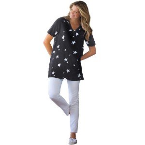 Woman Within Perfect Printed Short-Sleeve Shirred V-Neck Tunic - 1 of 4