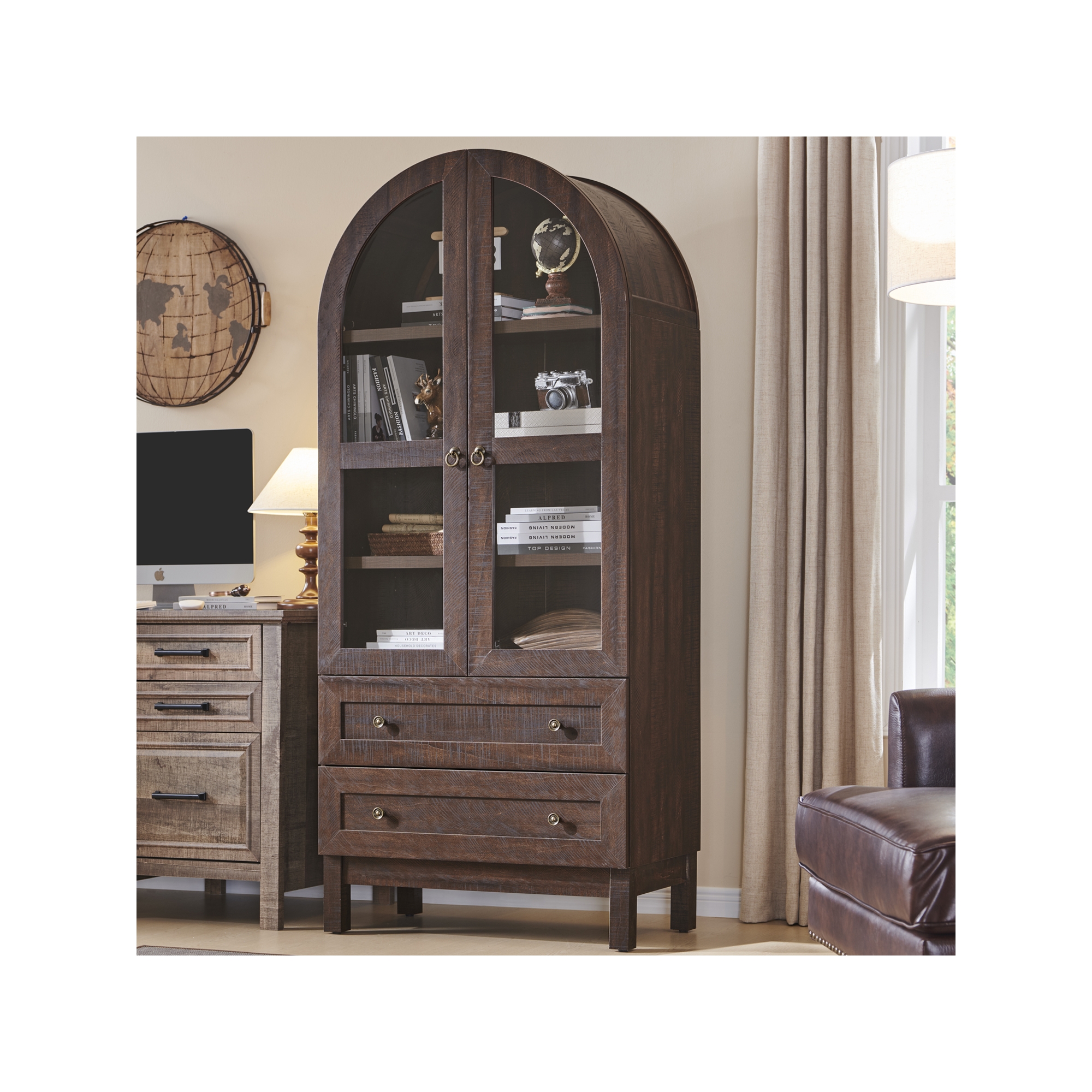 71″ Tall Arched Pantry Cabinet with 2 Drawers & Adjustable Shelves & Glass Doors, Modern Farmhouse Kitchen Storage Cabinet, Brown