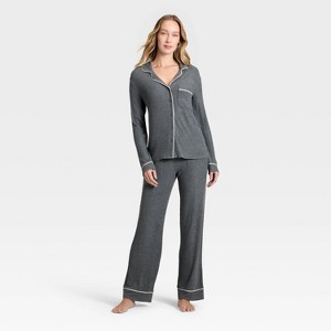 Women's Cozy Ribbed Notch Collar Long Sleeve Shirt and Pants Pajama Set - Auden™ - 1 of 3