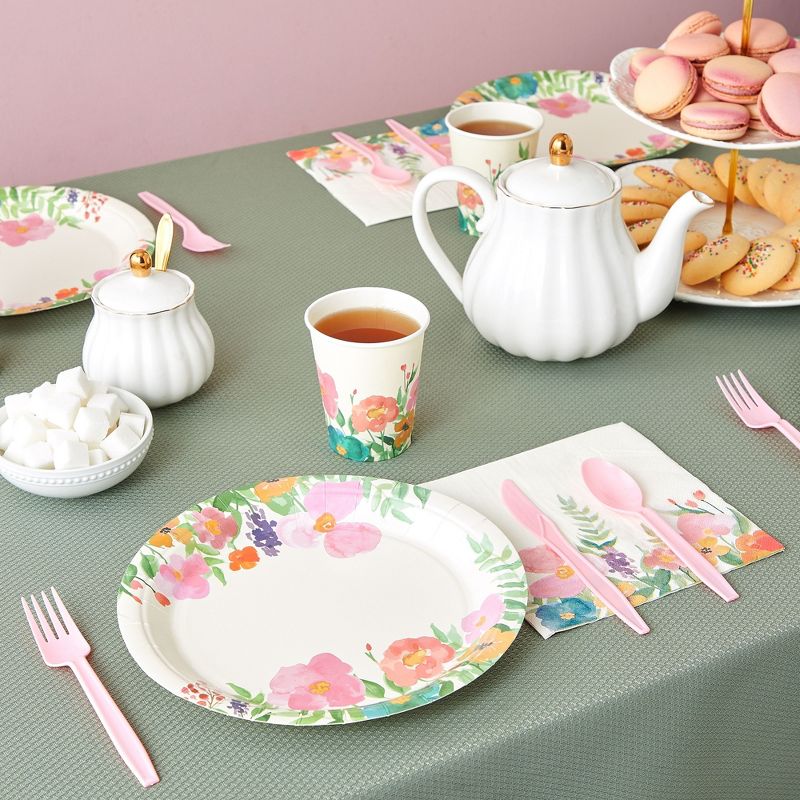 Juvale 144 Piece Watercolor Flower Tea Party Supplies, Includes Disposable Floral Paper Plates, Napkins, Cups, Cutlery, 3 of 9