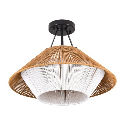 PAKOKULA 3-Light Yellow and White Farmhouse Barn-Style Semi-Flush Mount with Boho Rattan Shade
