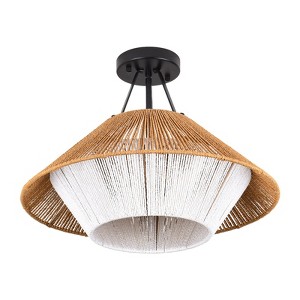 PAKOKULA 3-Light Yellow and White Farmhouse Barn-Style Semi-Flush Mount with Boho Rattan Shade - 1 of 4