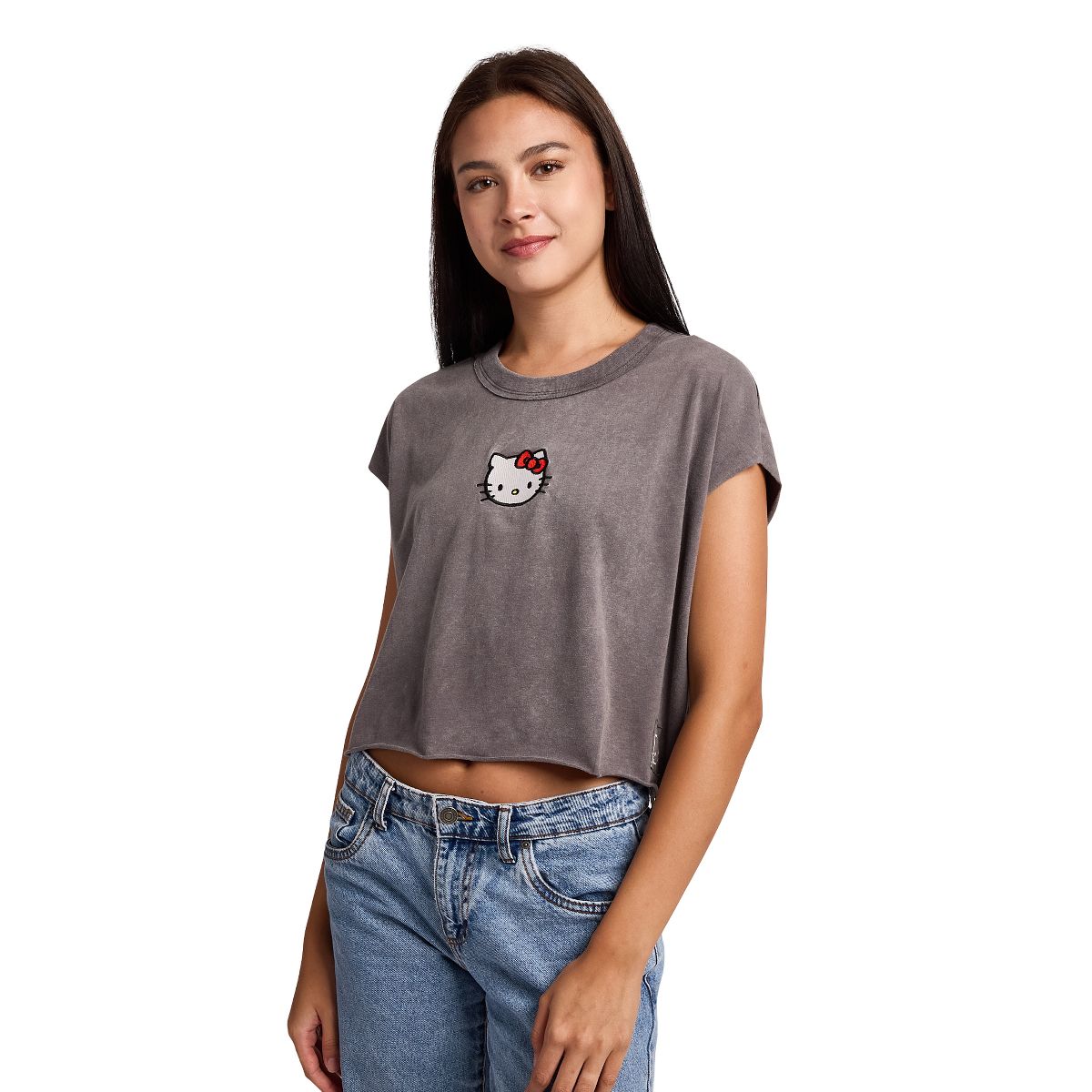 Hello Kitty Embroidered Character Face Women's Black Ram Hem Cropped Tank - thumbnail 3