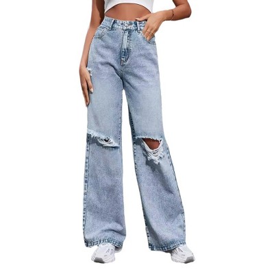 Women¡¯s Ripped Jeans High Waisted Distressed Baggy Straight Wide Leg Pants