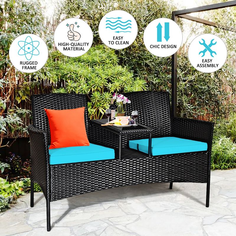 Costway Patio Rattan Conversation Set Seat Sofa Cushioned Loveseat Glass Table Chair Red\Turquoise, 5 of 10