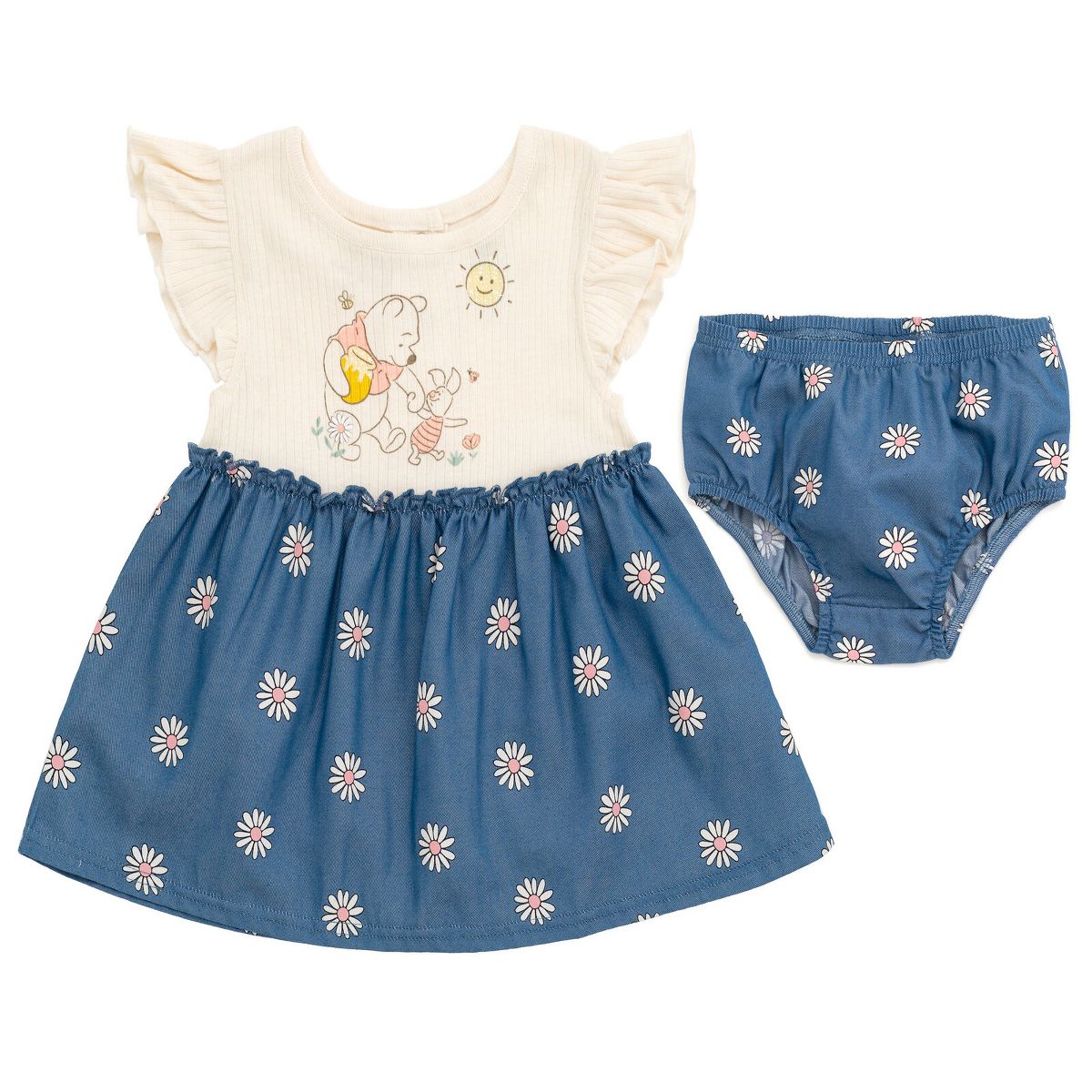 Disney Winnie the Pooh Piglet Floral Baby Girls Chambray Dress and Diaper Cover Outfit Set Newborn to Infant