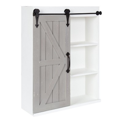 Kate and Laurel Cates Wood Wall Storage Cabinet with Sliding Barn Door, 21.25x27.5, White and Gray