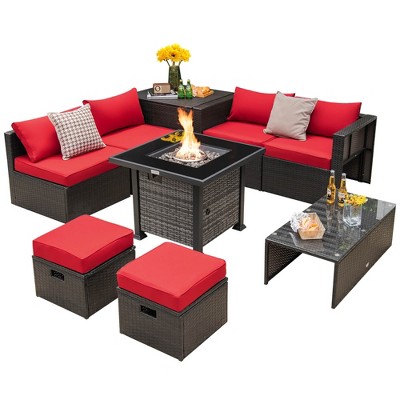 Tangkula 9 Pieces Furniture Set w/ 50,000 BTU Propane Fire Pit Table Patio Red