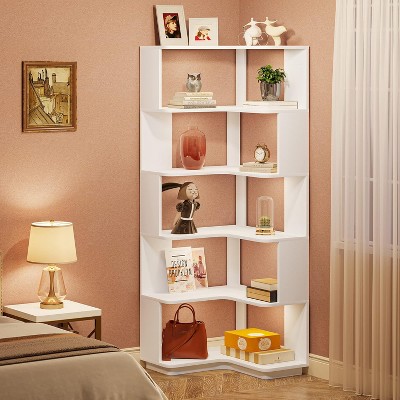 White 6-Tier L-Shaped Corner Bookshelf with Anti-Drop Panels