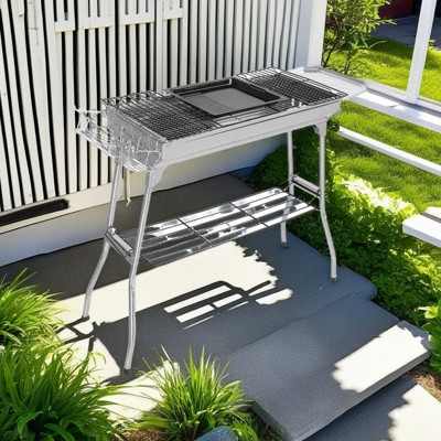 SEVOBAL Outdoor Grills, Griddles and Smokers Foldable Outdoor BBQ Set with Non Stick Pan, Accessories for Camping, Picnics, Silver, 28.7"*12.99"*7.3"