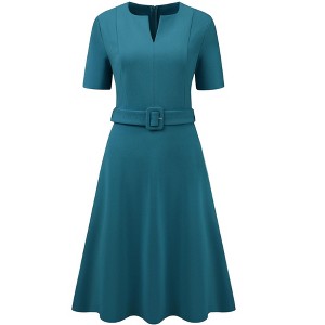 INSPIRE CHIC Women's Belted Summer Short Sleeve 2026 Split Neck A-Line Midi Dresses - 1 of 4