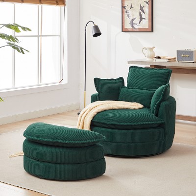38"W Oversized Corduroy Swivel Chair with Moon Storage Ottoman, Modern Accent Round Loveseat Circle Barrel Chairs with 4 Pillows 4Q-ModernLuxe
