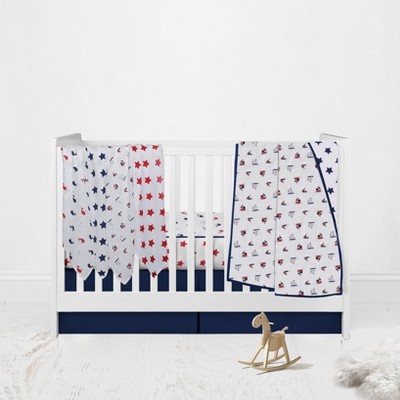Bacati - Boys Nautical Muslin Whales Boat Red Blue Navy 10 pc Crib Bedding Set with 4 Swaddling Blankets