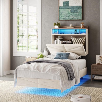 Floating Platform Bed Frame with Storage Headboard, Charging Station, LED Lights, Beige