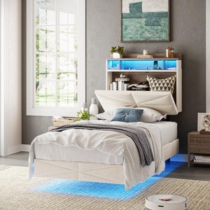 Floating Platform Bed Frame with Storage Headboard, Charging Station, LED Lights, Beige - 1 of 4