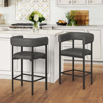 Arceso Barrel Bar Stools Set of 2, 26 Inch Upholstered Barstools with Arms & Metal Frame, Counter Height Bar Stools with Curved Backrest