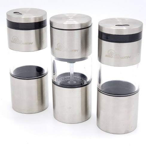 3 Piece Stainless Steel Salt and Pepper Shakers Set with Holder (4