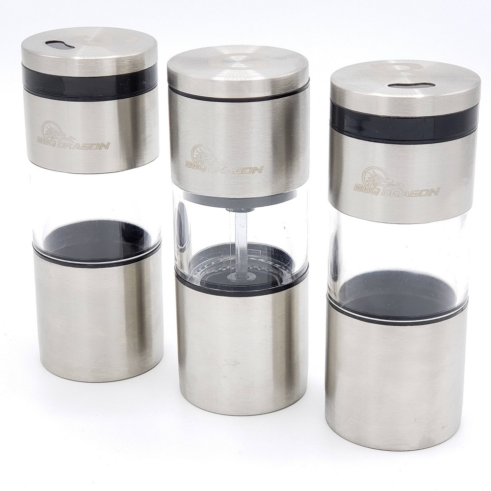 BBQ Dragon Magnetic Spice Shaker Set: 3-Piece, Grill Accessory, Magnetic Base, Stainless Steel, Easy View Windows