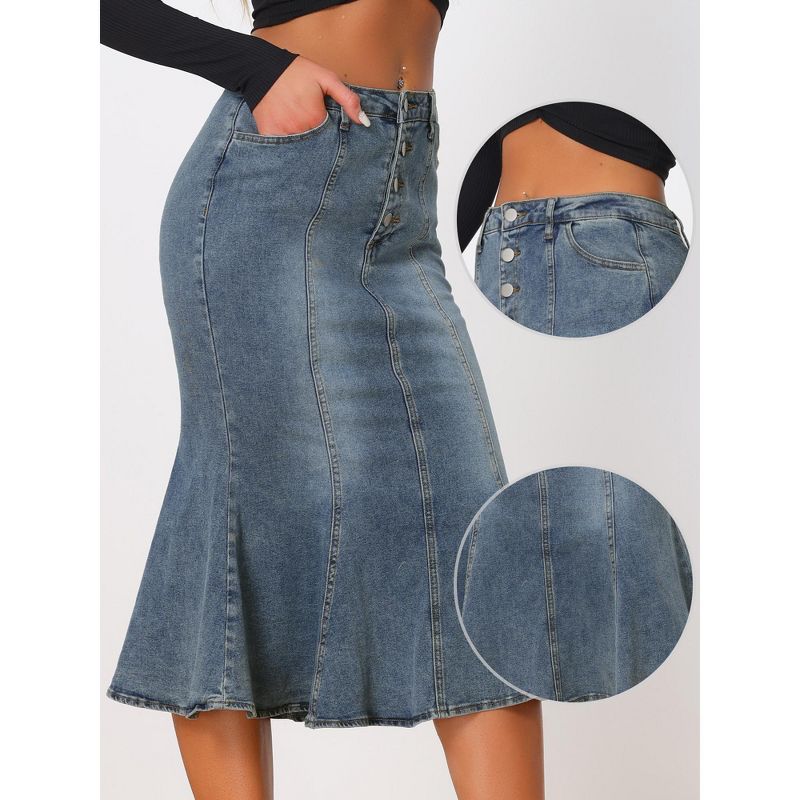 Allegra K Women's Fishtail Button Front Side Pockets Midi Denim Distressed Skirt, 2 of 6