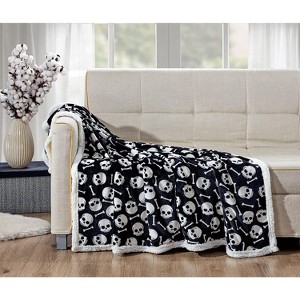 Sheradian Ultra Warm and Comfy Faux Shearling Lined Reversible Throw Blanket Super Scary Skull & Bones  50"x 60" - 1 of 3