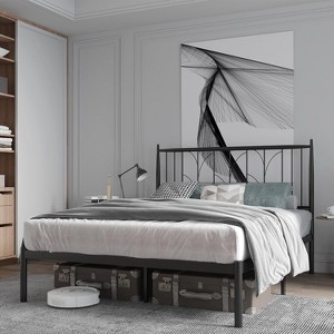 Full Size Black Metal Bed Frame with Headboard, Heavy Duty Platform with Underbed Storage Space, No Box Spring Needed Quiet Design Easy Assembly - 1 of 4