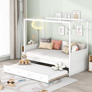 Twin Canopy Bed with Trundle, Wooden Twin Size Daybed Frame, Twin Sofa Bed, Platform Bed Frame with 4 Poster, White - 1 of 4