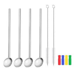 Unique Bargains Stainless Steel Long Handle Reusable Drinking Spoon Straws with Cleaning Brushes 4 Pcs - 1 of 4