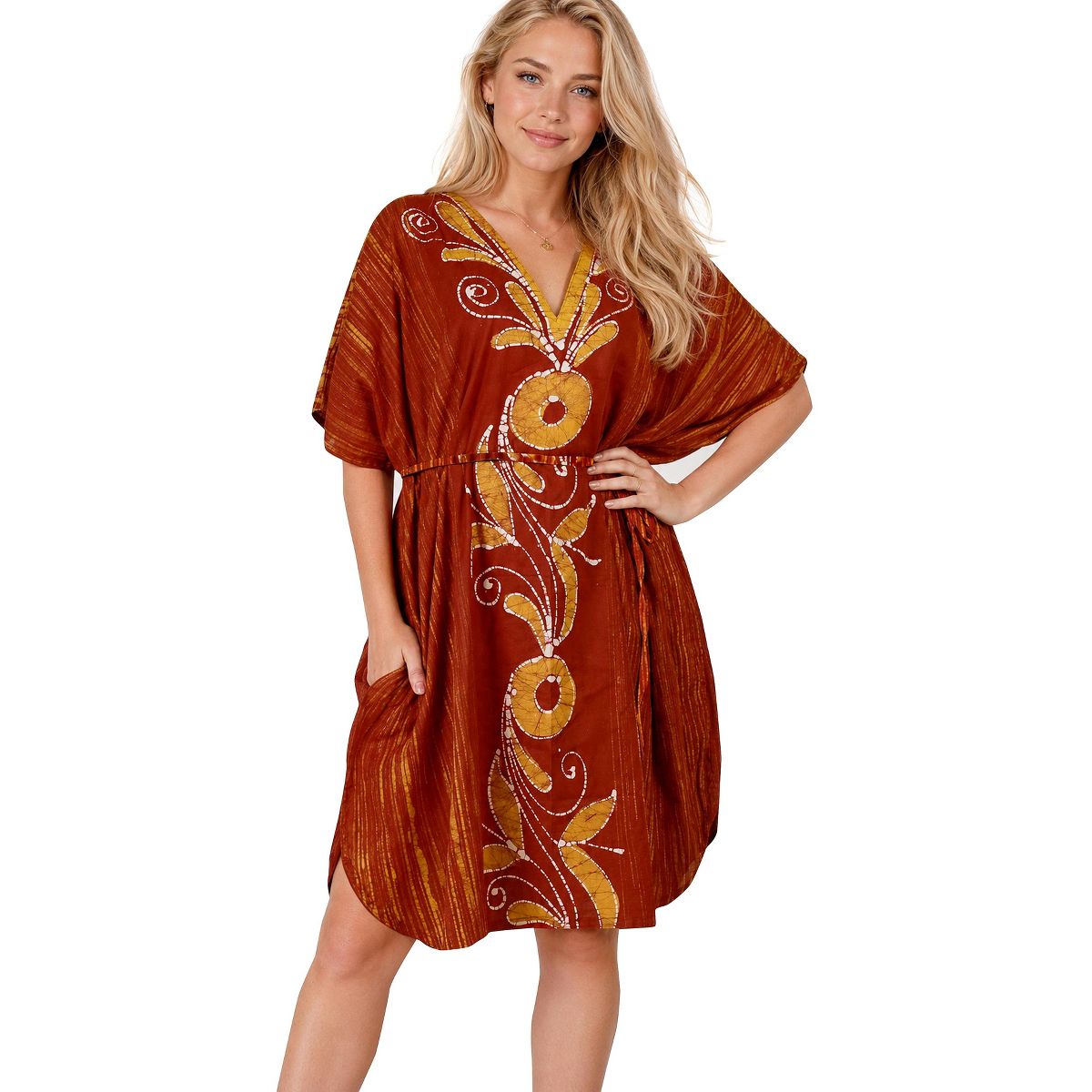 LA LEELA Summer Cotton Resortwear Caftan for Women Vacation Cruise Holiday Loungewear Maternity Friendly Beachwear Dress 2X-3X Red Paisley