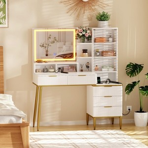 Fluted Vanity Desk with Mirror and Lights, Makeup Vanity Desk with 5 Drawers & Adjustable Shelves - 1 of 4