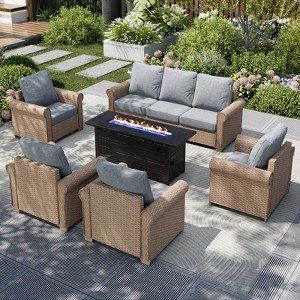 Captiva Designs Luxury Wicker Patio Conversation Fire Pit Set with Curved Armrests with Cushions - 1 of 4