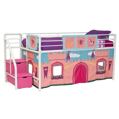 Kids' Junior Metal Loft Bed with Storage Steps and Curtain Set White/Pink - Room & Joy