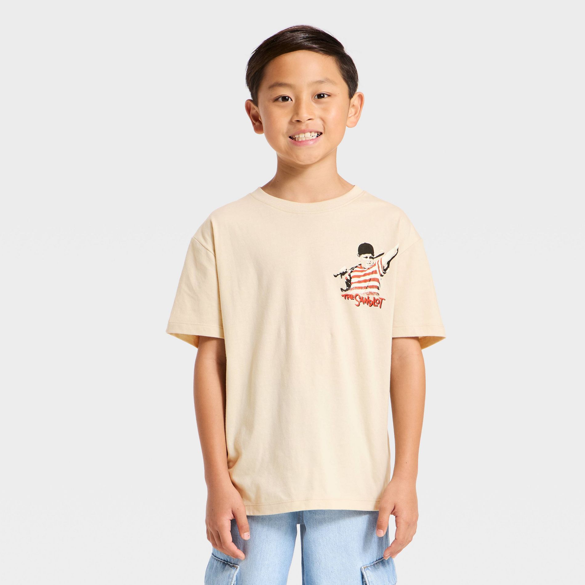 Boys' Sandlot Short Sleeve Oversized Front and Back Graphic T-Shirt - Beige