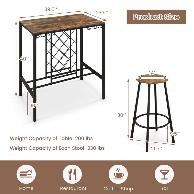 Costway 5PCS Bar Table & Stools Set Industrial Bistro Set with Wine Rack & Glass Holder, 4 of 6