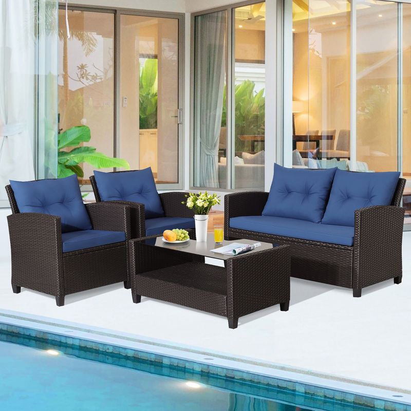 Tangkula 8PCS Outdoor Conversation Set Patio PE Rattan Set w/ Glass Table & Sofa Cushions, 3 of 11