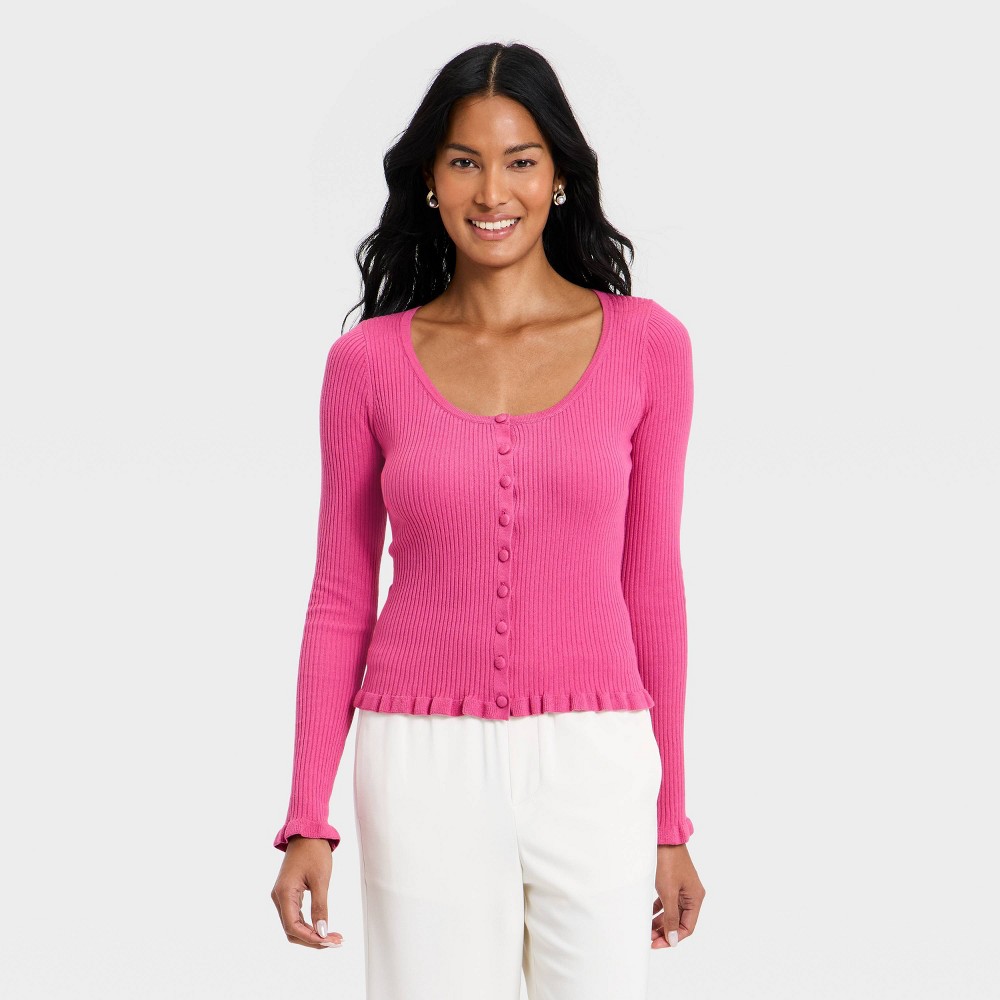 Women's Ruffle Scoop Neck Cardigan - A New Day™ Dark Pink S