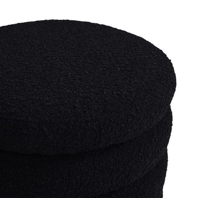 Ebony Black Boucle Round Storage Ottoman with Gathered Embellishment