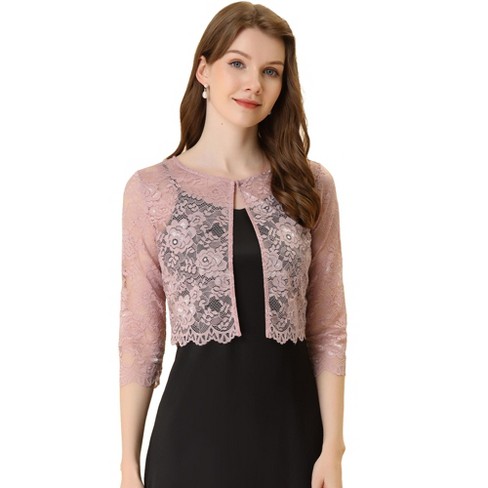 Allegra K Women's Elegant 3/4 Sleeve Sheer Floral Lace Cropped