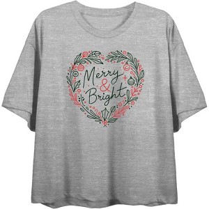 Merry & Bright Heart-Shaped Christmas Wreath
 Women's Crew Neck Short Sleeve Crop Tee - 1 of 3