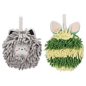 REGALWOVEN Rabbit Shape Quick Drying Soft Absorbent Decorative Chenille Fuzzy Ball Hand Towels with Hanging Loops 7" x 7" 2 Pcs - 1 of 4