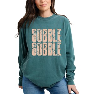 Gobble Gobble Block Distressed - Women's Garment Dyed Long Sleeve Graphic T-Shirt - 1 of 4