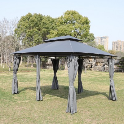Spacious outdoor gazebo with double-tier roof, removable mesh sides, and rust-resistant steel frame for backyard and garden use-Coolbibila